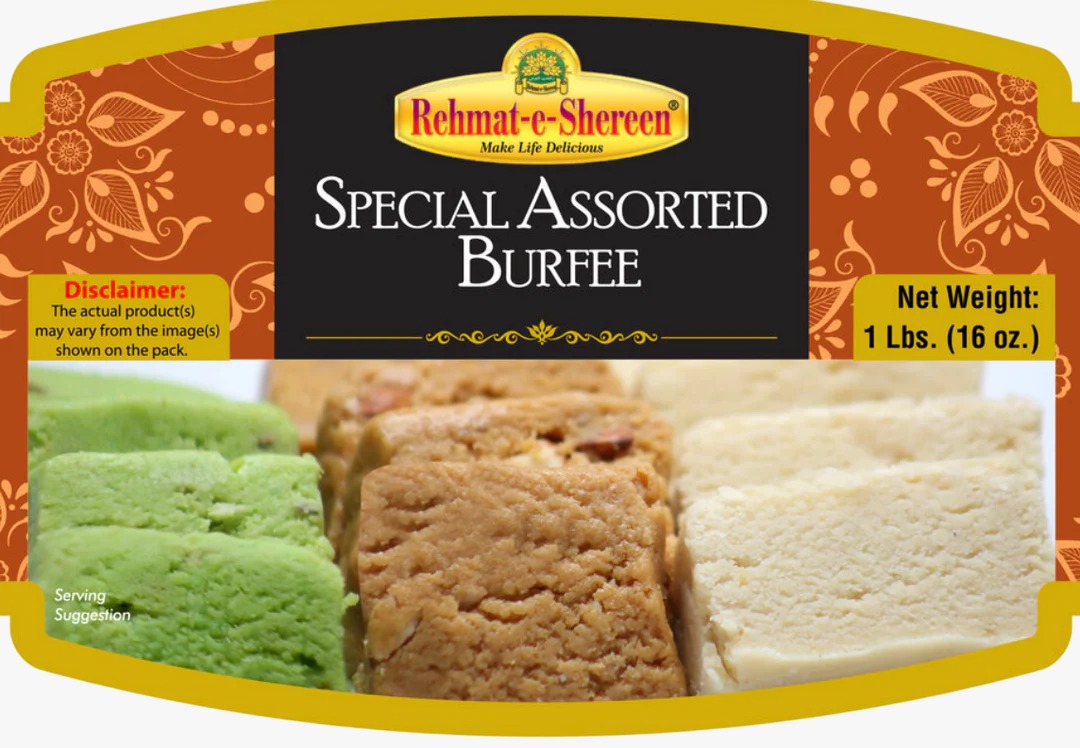 **Rehmat-e-Shereen Special Assorted Burfee (1 lb)**
A delightful selection of traditional burfee varieties, made from pure khoya, sugar, and aromatic spices. Enjoy a medley of rich flavors, colors, and textures with this exquisite Special Assorted Burfee box, perfect for any celebration.
