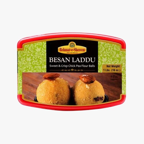**Rehmat-e-Shereen Besan Laddu (1 lb)**
A beloved traditional sweet made from roasted gram flour, pure ghee, and sugar, delicately flavored with cardamom and garnished with premium nuts. Enjoy the rich, nutty taste and melt-in-your-mouth texture of authentic Besan Laddu.
