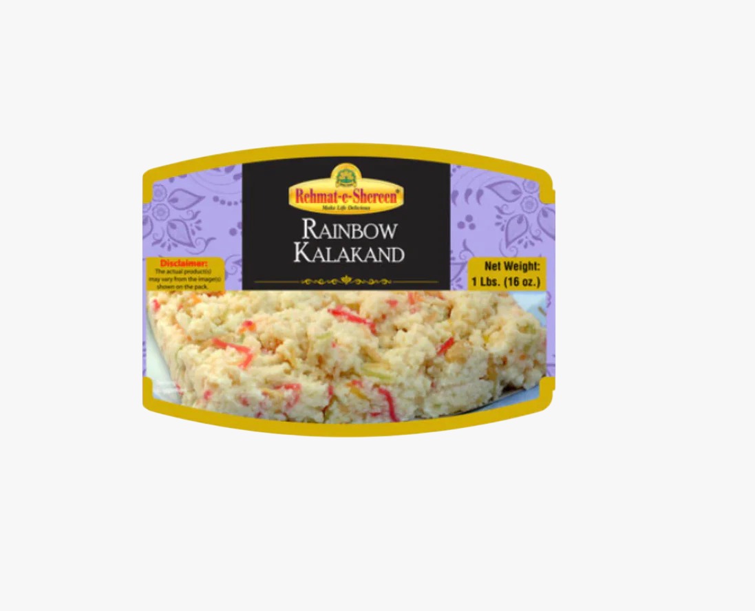 **Rehmat-e-Shereen Rainbow Kalakand (1 lb)**
A vibrant and colorful twist on the classic milk-based sweet, made from fresh khoya, sugar, and infused with natural flavors and colors. Enjoy the soft, moist texture and delightful taste of this festive Rainbow Kalakand.
